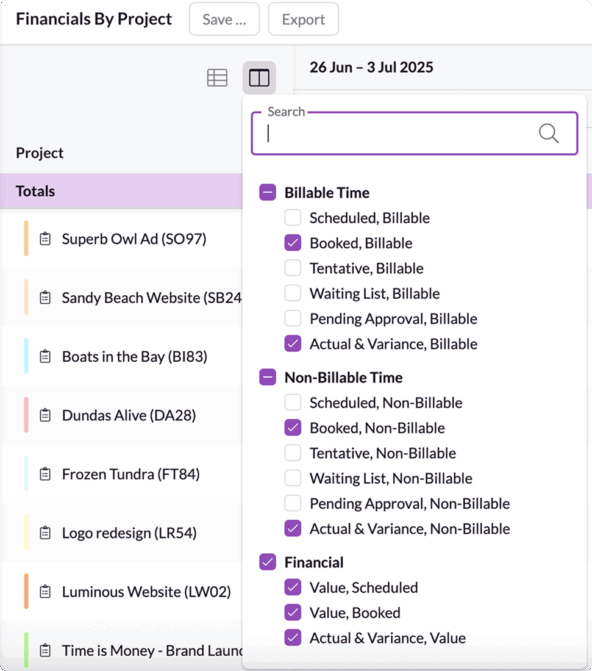 Sample report in Resource Guru showing financial by project with the relevant column filters applied. 