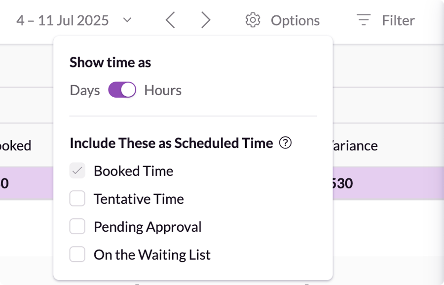 The Options menu in Resource Guru reports showing different customizable definitions of scheduled time. 