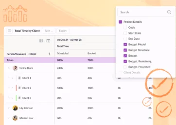 Resource Guru beta reports showing the default report and a selection of column options