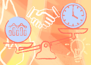 Illustration with a scales balancing time and effort with burning imagery in the background.