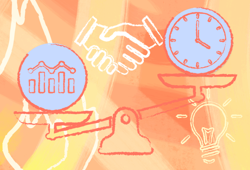 Illustration with a scales balancing time and effort with burning imagery in the background.