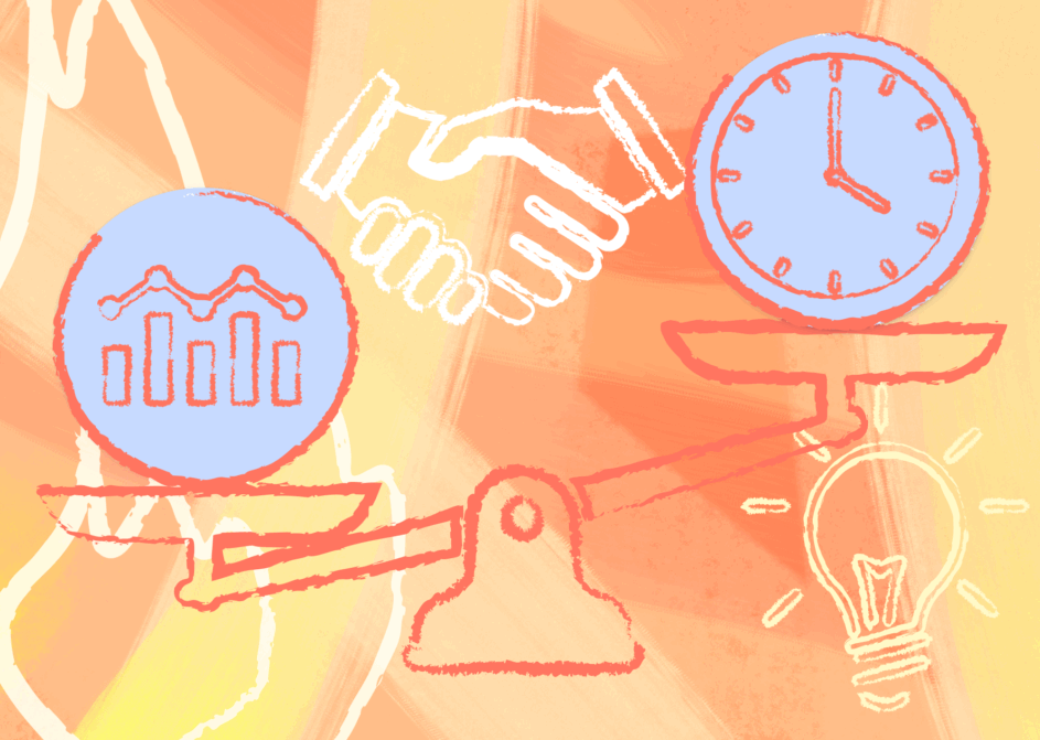 Illustration with a scales balancing time and effort with burning imagery in the background.