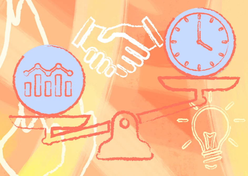 Illustration with a scales balancing time and effort with burning imagery in the background.