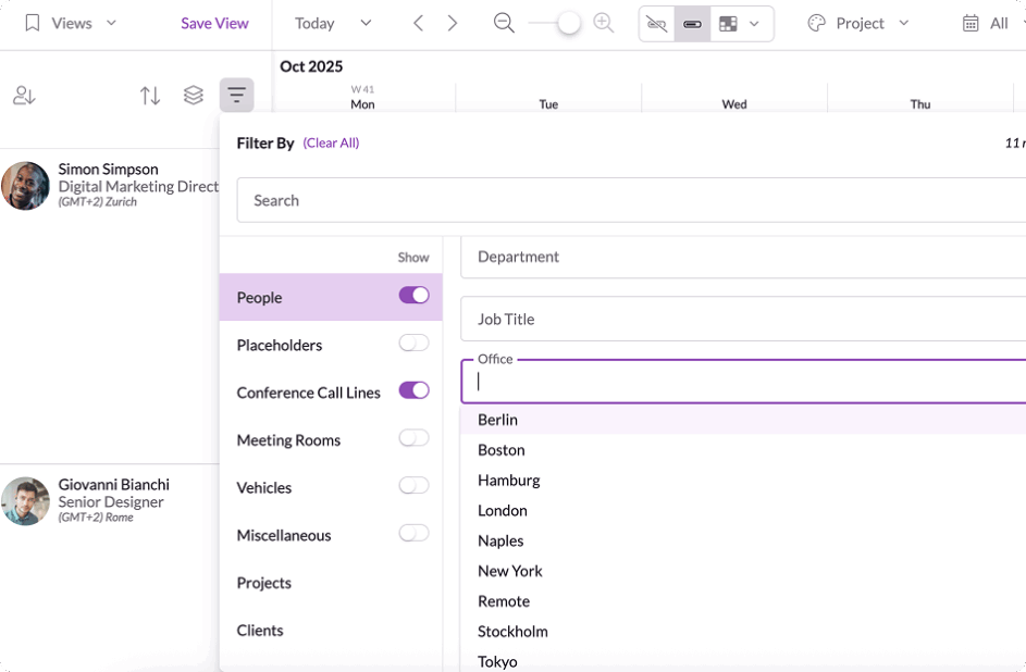 Custom fields shown in the Resource Guru filter menu showing options to filter the schedule by people in different office locations.