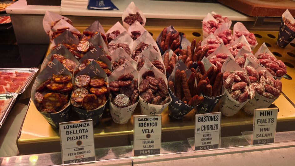 Assorted Spanish sausages for sale at the Mercado San Miguel.