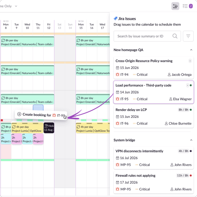 Dragging a Jira ticket onto the Resource Guru schedule.