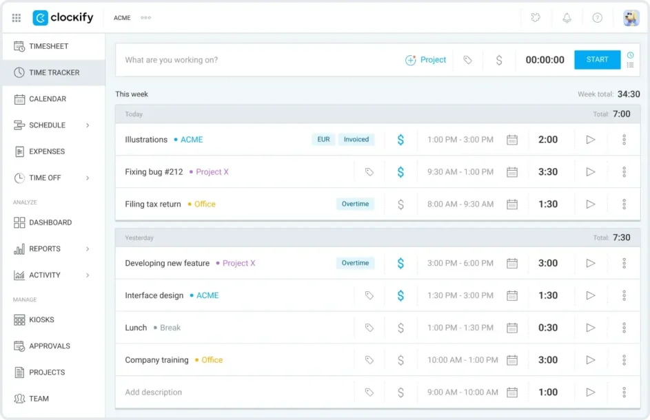 Clockify project time tracking