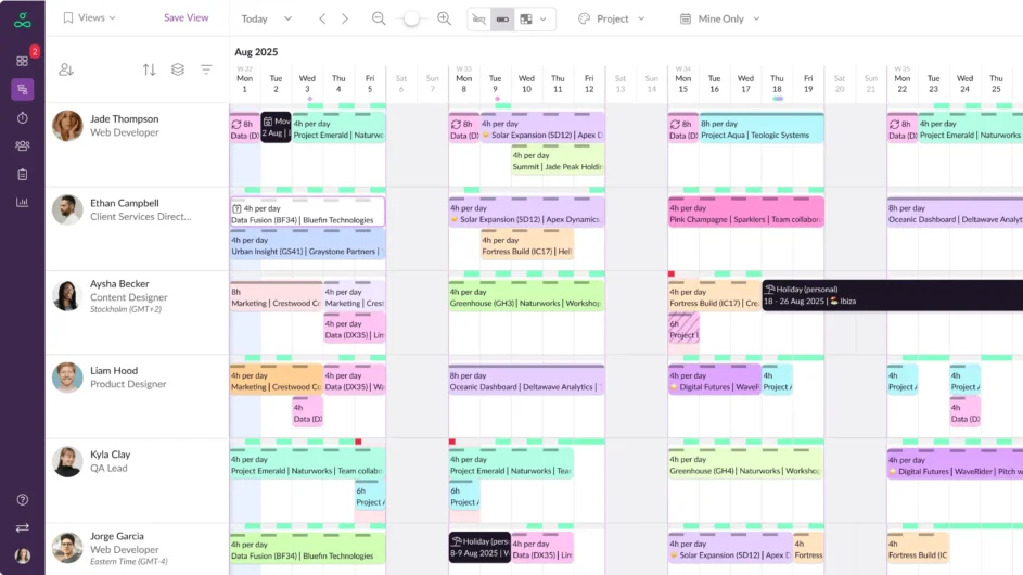 Resource Guru's project time tracking software showing the schedule