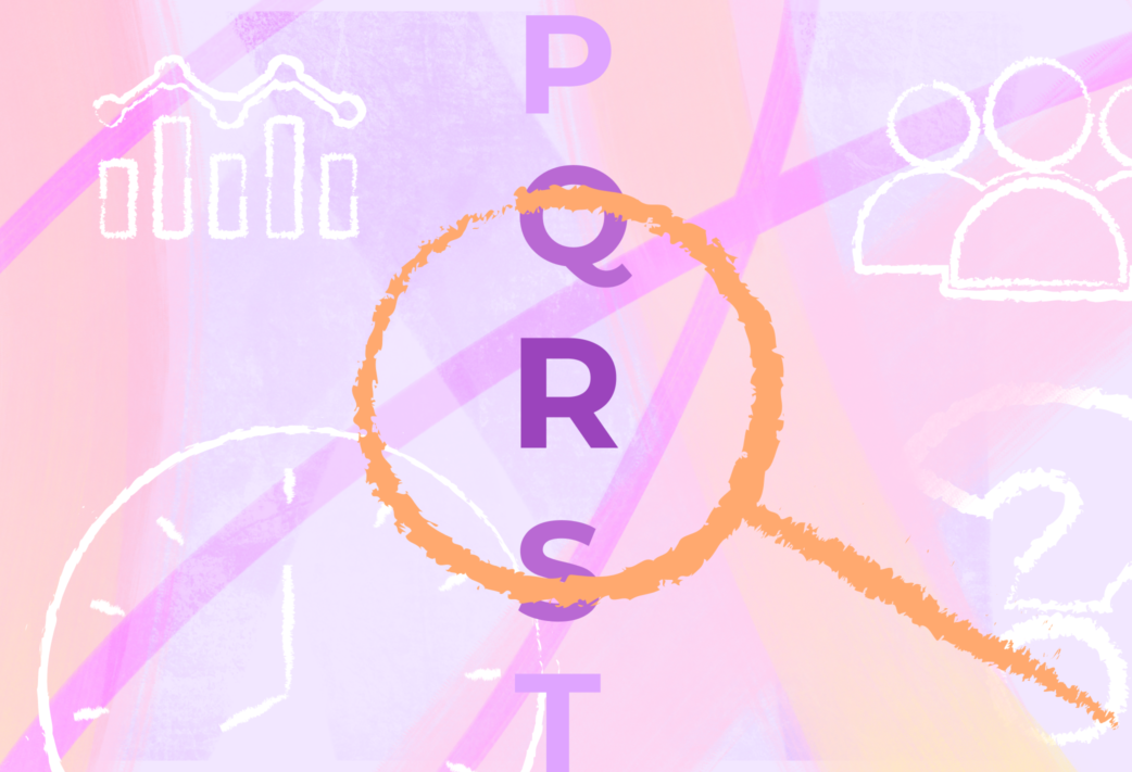 Magnifying glass zooming in on the letter "R" in a partial list of the alphabet.