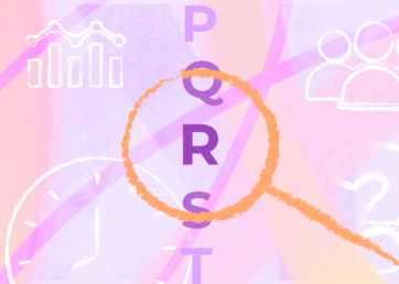 Magnifying glass zooming in on the letter "R" in a partial list of the alphabet.