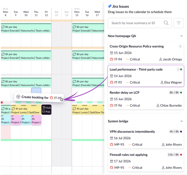 Example of dragging and dropping a Jira issue onto the Resource Guru schedule as part of Jira resource management.