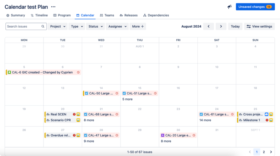 Calendar view for Jira resource scheduling.
