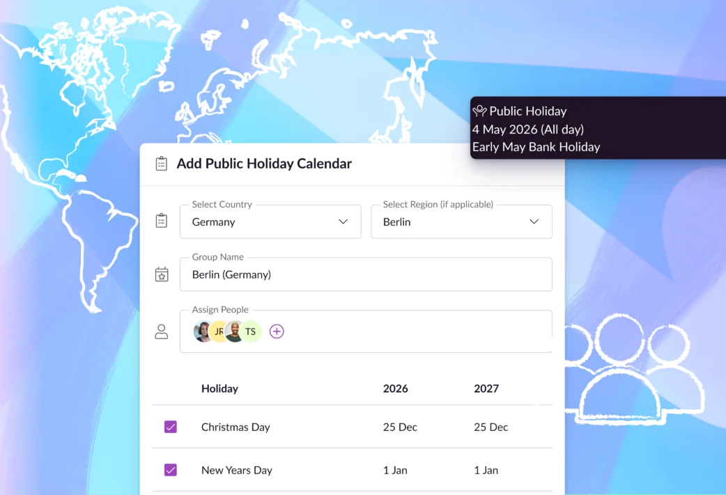 Public holidays on Resource Guru: the set up screen and a time off indicator from the schedule on top of illustrations of a global map and a team of three.