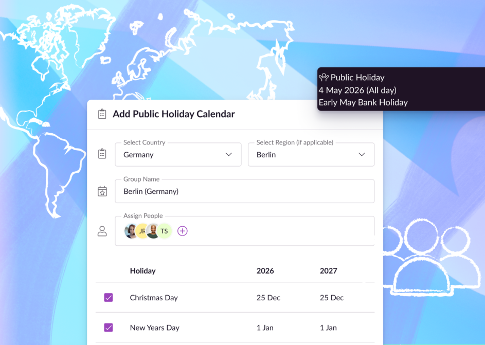 Public holidays on Resource Guru: the set up screen and a time off indicator from the schedule on top of illustrations of a global map and a team of three.