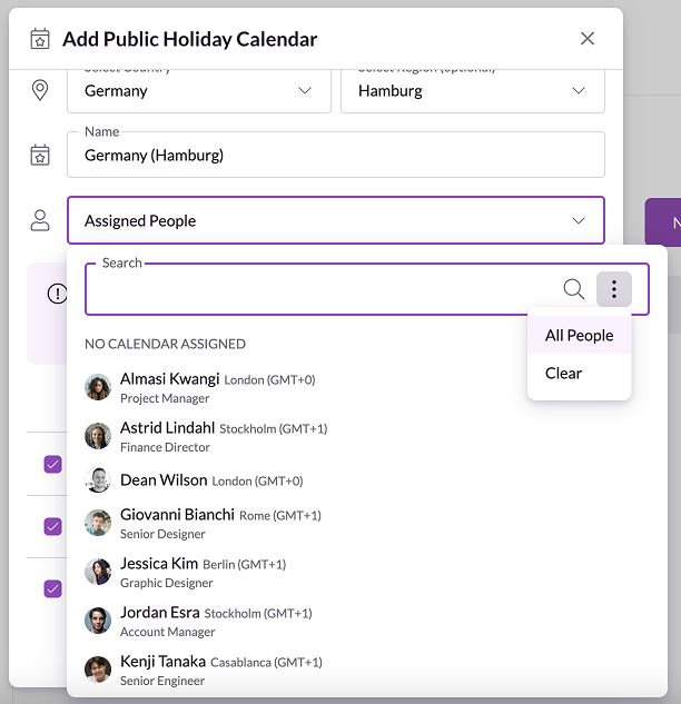 Adding a person to a public holiday calendar in Resource Guru.