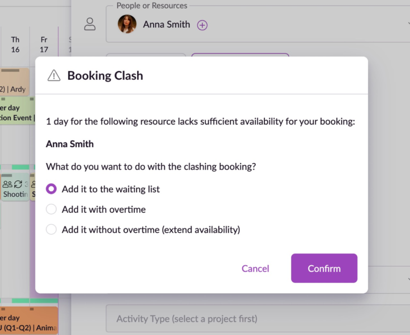 Booking clash notification modal on Resource Guru with options to add the booking to the waiting list, add it with overtime, or add it without overtime by extending availability.