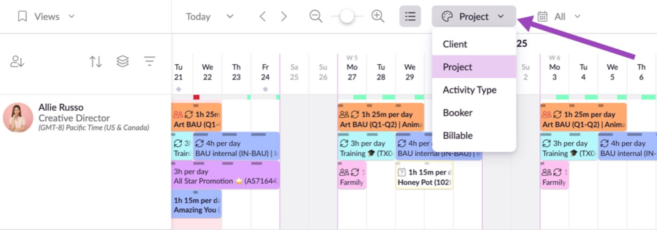 The color-by selector on the Resource Guru schedule showing a drop down to choose from client, project, activity type, booker, or billable. 