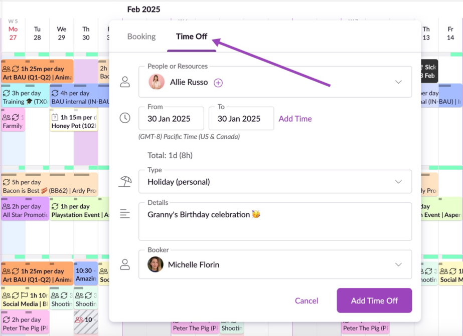 The time off booking modal on Resource Guru where someone is booking a personal holiday day.