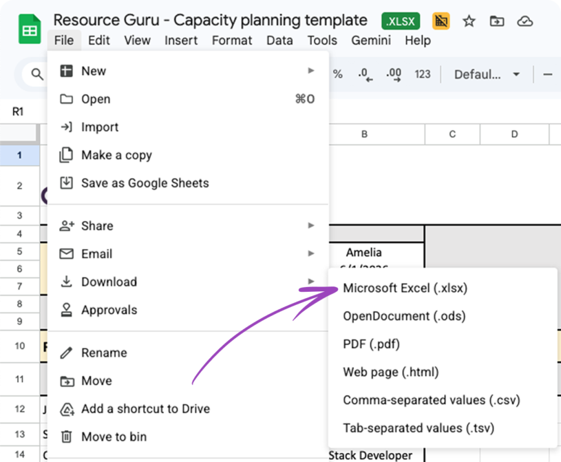 Downloading the capacity planning template for Excel.