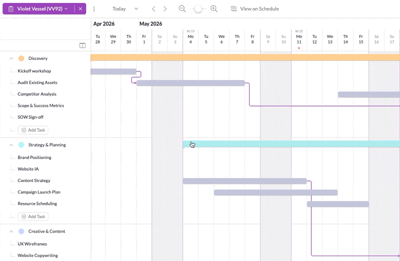 Setting up a milestone in a Resource Guru Gantt chart.