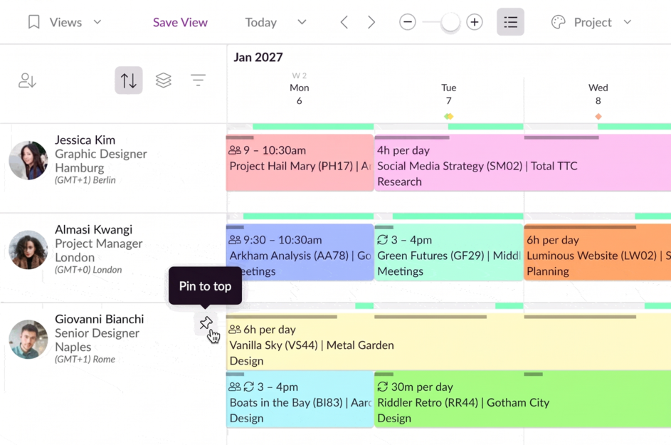 Pin to schedule option in Resource Guru.