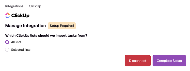 List selector in the ClickUp integration.