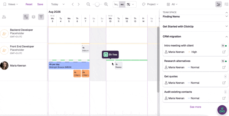 Dragging a ClickUp task onto the Resource Guru schedule.