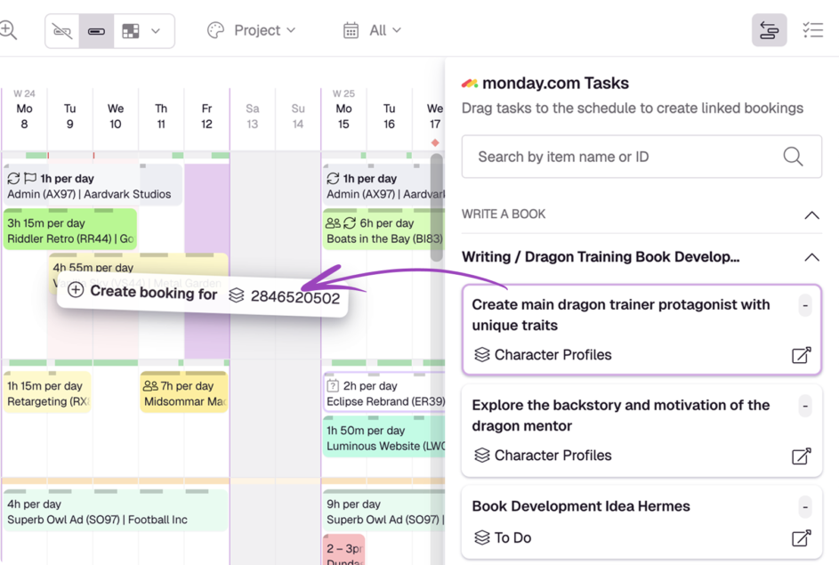 Dragging and dropping a monday.com task onto the Resource Guru schedule to create a booking.