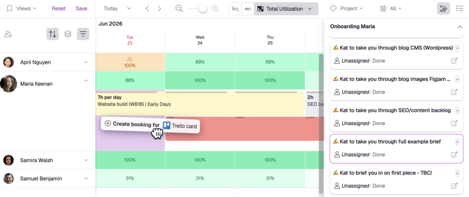Dragging Trello tasks onto the Resource Guru schedule.