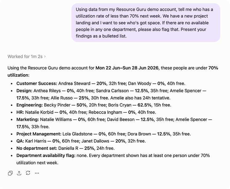 Using the Resource Guru MCP server in combination with an LLM to check who is under 70% utilized.
