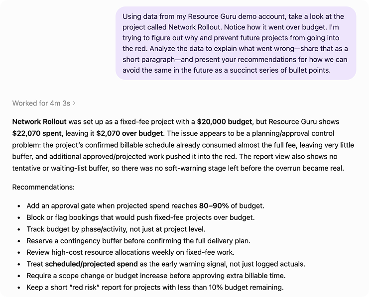 Example of using Resource Guru in combination with an LLM to check up on budget health.