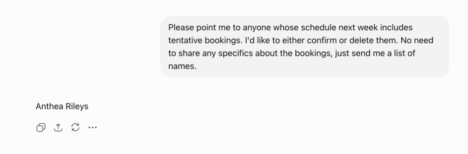 A prompt in ChatGPT asking about tentative bookings in the Resource Guru schedule using the MCP server.
