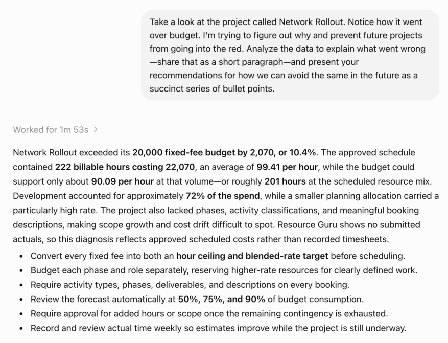 A project postmortem in ChatGPT fed by Resource Guru data.