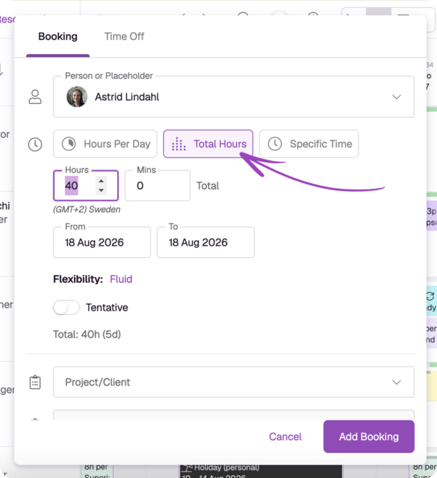 Resource Guru booking modal with the Total Hours option selected.