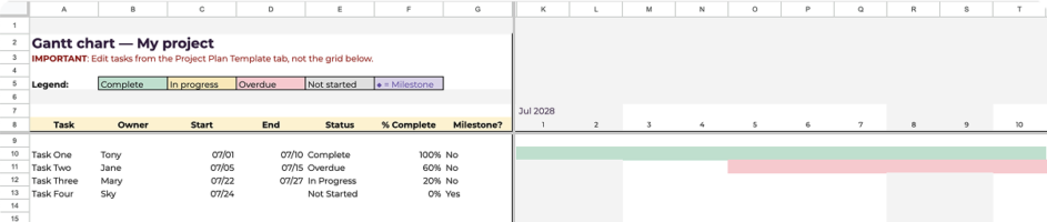 Project planning template for Excel with basic Gantt chart functionality.