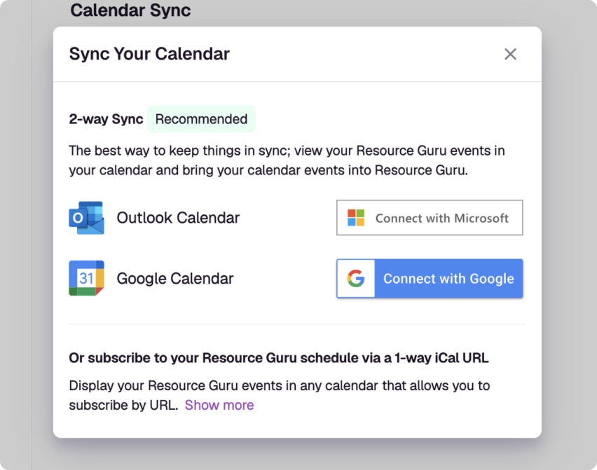 Options to sync Google or Outlook calendar with Resource Guru.