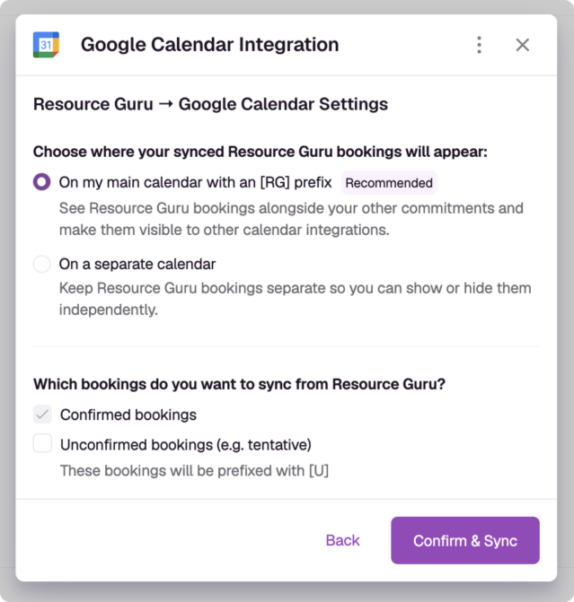 Option to choose whether to show Resource Guru bookings on your main calendar or a separate one in Google Calendar or Outlook Calendar.