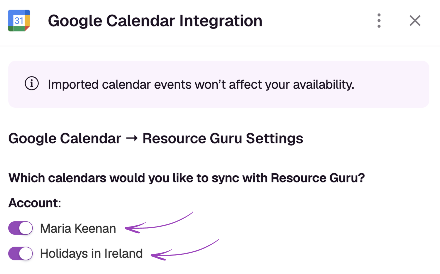 Screen for selecting which calendars to link with Resource Guru.