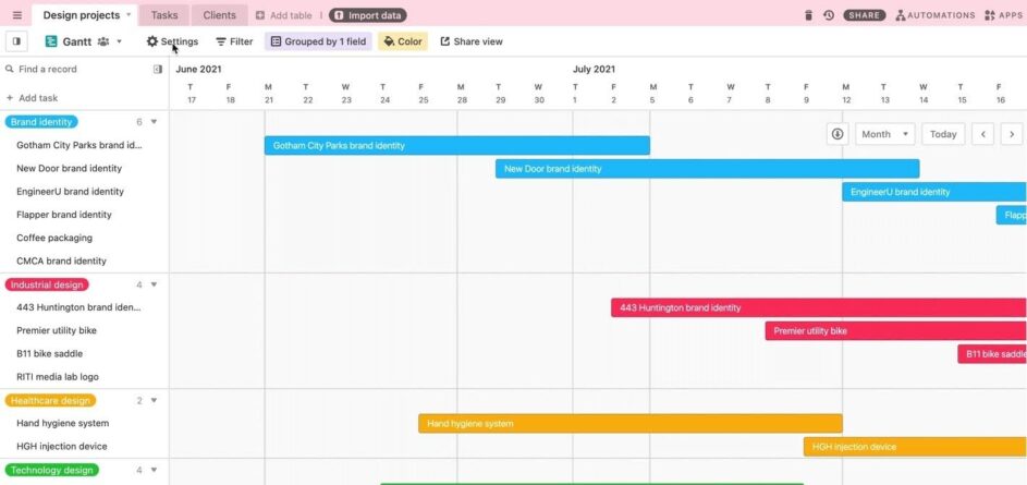Airtable Gantt view showing design projects grouped by category with colored timeline bars across June and July.