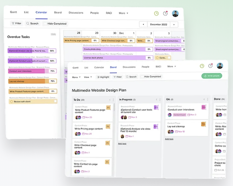 TeamGantt Gantt view showing a book project with planning, chapters, and launch tasks laid out across colored timeline bars.