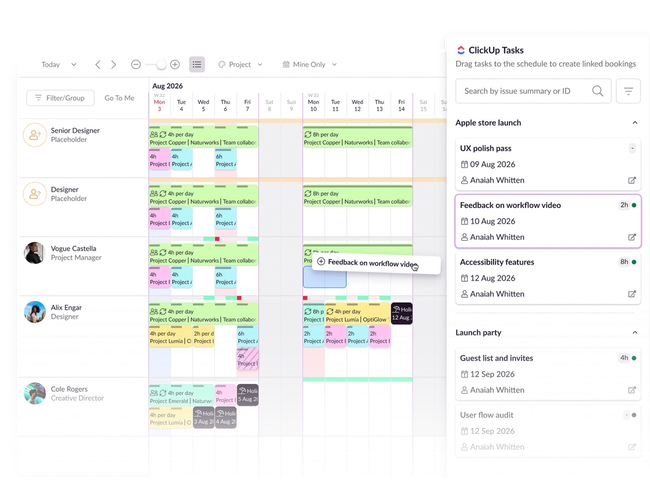 Dragging ClickUp tasks onto the Resource Guru Schedule.