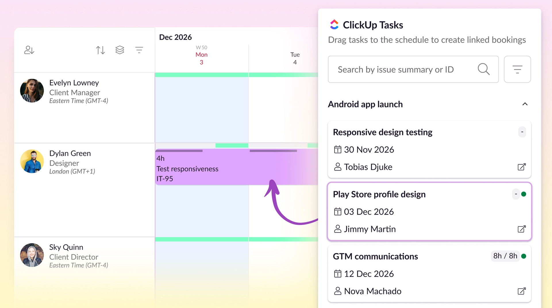 Dragging a ClickUp task onto the Resource Guru Schedule.