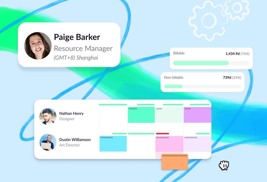 UI elements from Resource Guru including a profile image, name, job title, and timezone for a resource manager, a billable and a non-billable utilization chart, and a low-fidelity version of the schedule, without the typical booking details.