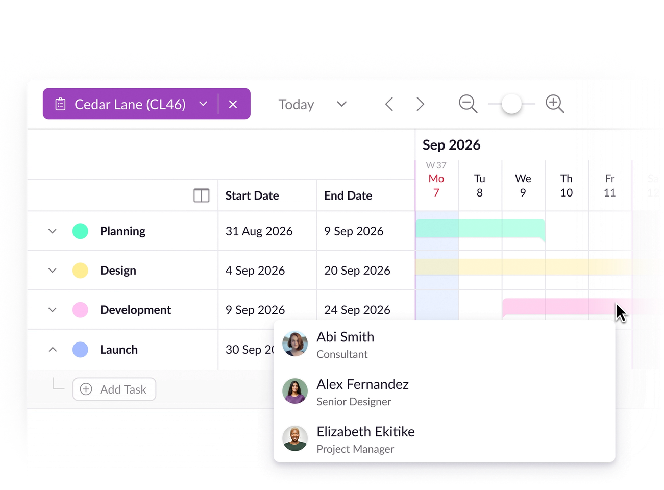Project plan with phases built using Resource Guru Gantt charts.