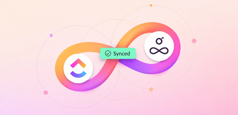 ClickUp and Resource Guru logos joined by an infinity symbol with the word "Synced" written in the middle.