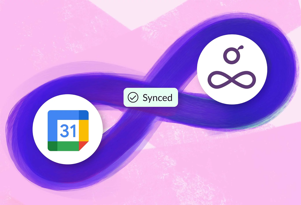 The Google Calendar logo and the Resource Guru logo hugged by an infinity symbol with a “Synced” badge at the intersection of the symbol.