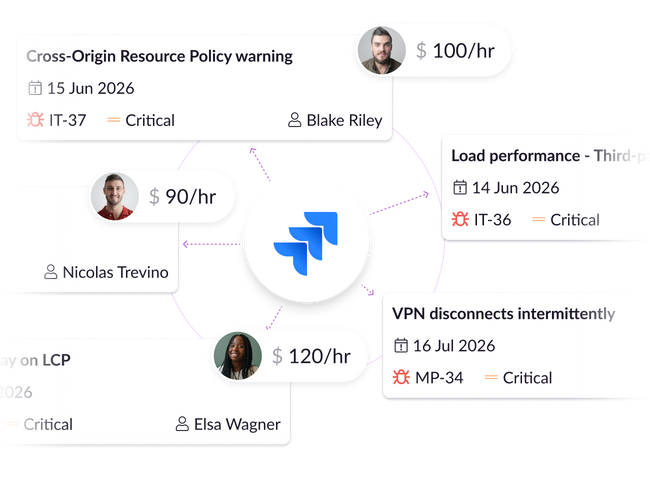 A circular Jira logo with arrows around the circumference connecting to different Jira issues. Alongside some of these issues are profile pictures of different people with their hourly rate listed beside them.