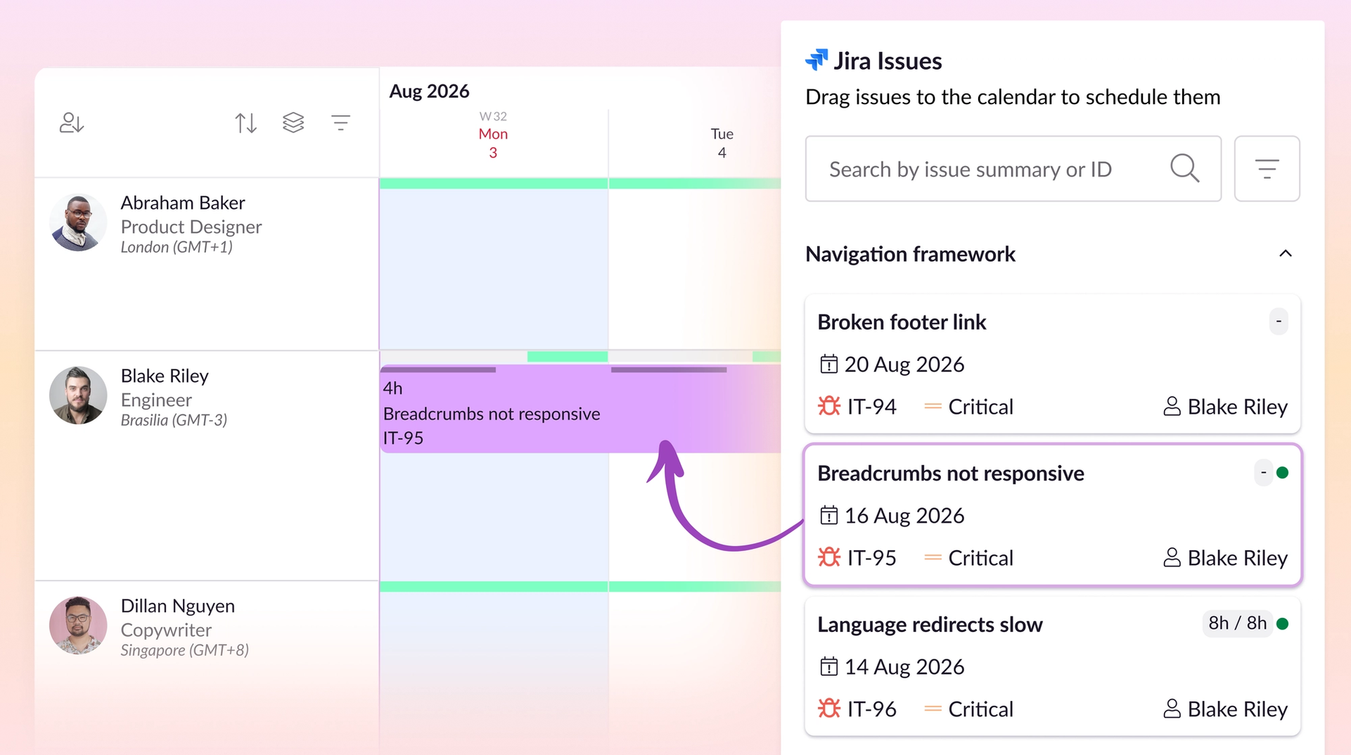 The Resource Guru schedule with the Jira Issues panel open. An arrow connects one of the issues to the corresponding booking on the schedule.