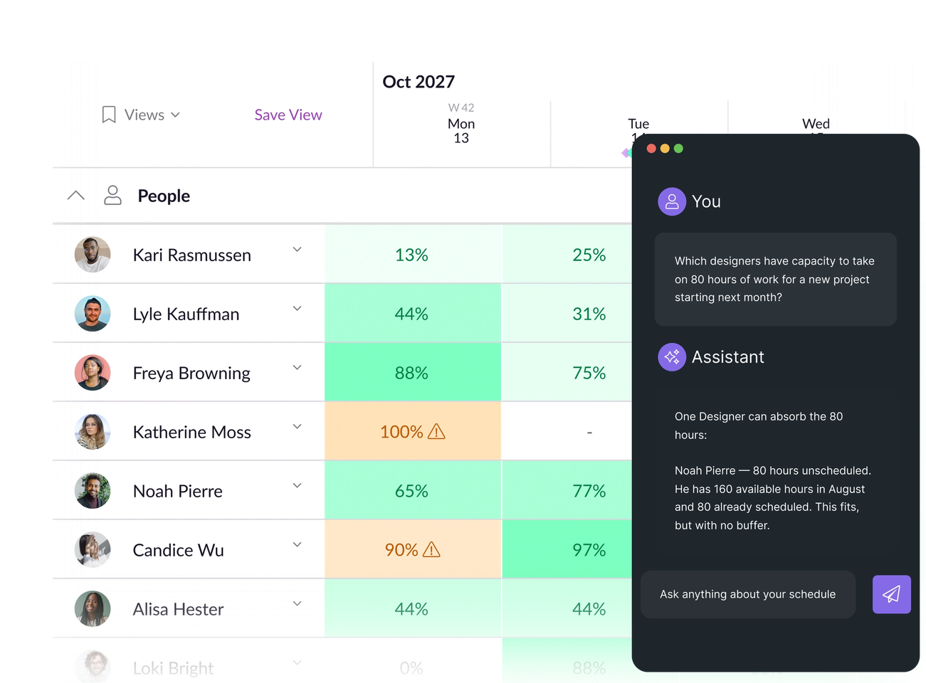 An AI assistant window overlaid on the Resource Guru schedule with heatmaps enabled.