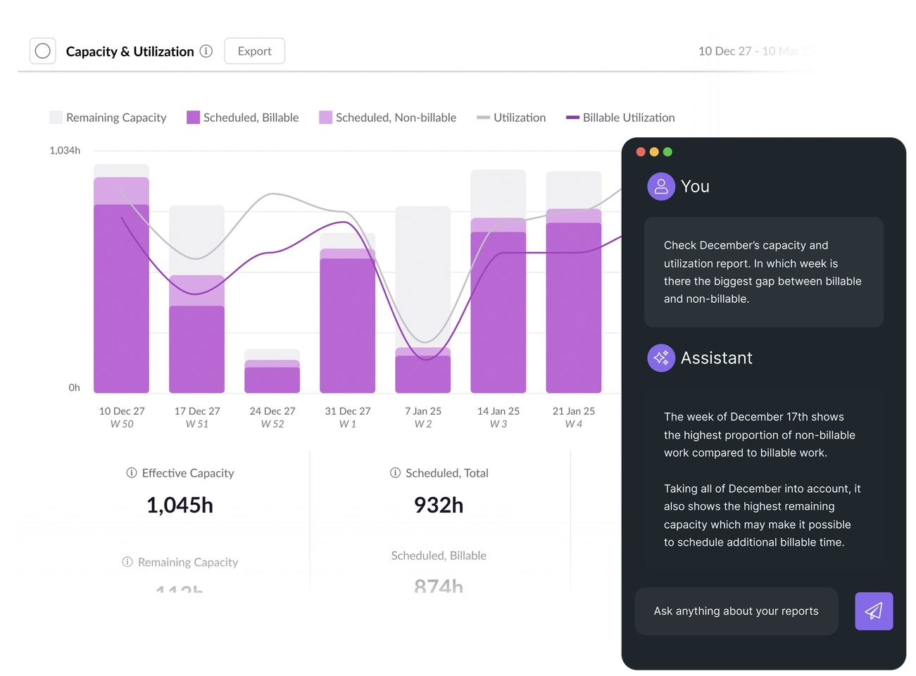 An AI assistant in a browser window overlaying a Resource Guru report.